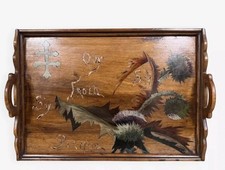 D'après Emile Gallé Plateau rectangulaire en bois à décor marqueté de chardons