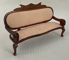 Antique Vintage Very Nice Small Miniature Wood & Handmade Carved Fabric Sofa 