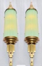 Industrial Opaline Green Glass Rod & Lustrous Brass Wall Mount Lamp Set of 2