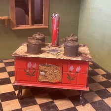 ANTIQUE TOY - VERY NICE CANVAS COOKER - FLORAL DECOR - DOLL KITCHEN