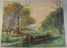Belle GOUACHE Ancienne Dessin Paysage Statue Banc Fleurs 1910/20 ANGERS #14