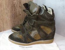 AUTH Isabel Marant Brown Olive Bekett Suede Wedge High Top Sneakers EU 37 7 RARE