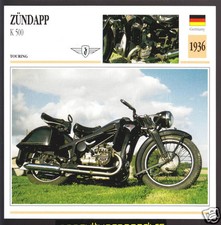 1936 Zundapp K 500cc (498cc) German Bike Motorcycle Photo Spec Info Stat Card
