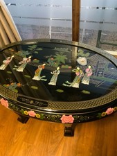 RARE! Vintage! Asian coffee table Pearl glass top and with/ 2 stools: