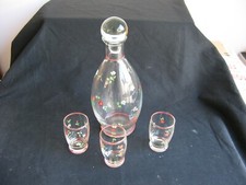 Very nice enamelled glass decanter + 3 small enamelled cups also circa 1900