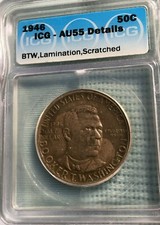1946 50c Booker T Washington Half Dollar, ICG AU55 *details* Lamination error