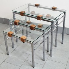 SET DE 3 TABLES GIGOGNES VINTAGE SCANDINAVES 1960 TECK ACIER & VERRE 60S 1960S