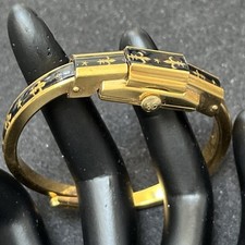 ERNEST BOREL FLIP TOP GOLD PLATED WATCH BANGLE W/BLACK ACRYLIC FLEUR DE LIS