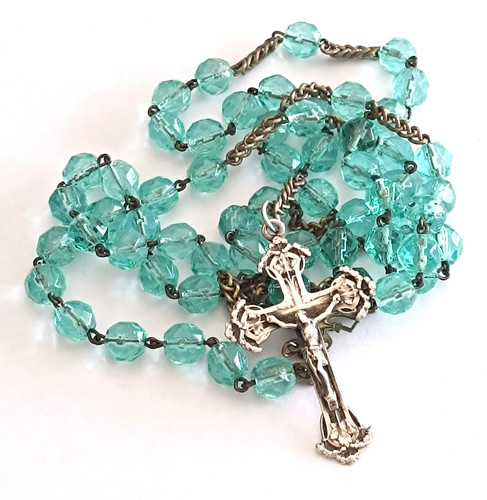 Chapelet verre bleu croix - verre,