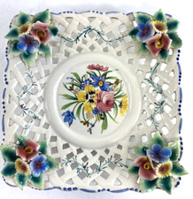 Vintage Handmade / Painted Italy Floral Porcelain Square Reticulated Plate