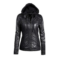 Veste à capuche motard bombardier noir en cuir véritable pour femme, manteau ...