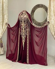 Burgundy Velvet Caftan Marocain Dresse With cape veil Gold Applique Lace Muslim