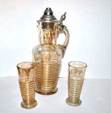 THERESIENTHAL? Beer jug ewer + 2 glasses iridescent mug Bohemian Germany