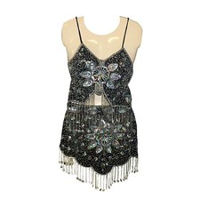 Costume de danse orientale 2 pièces danse du ventre noir argenté Séquin Ensemble