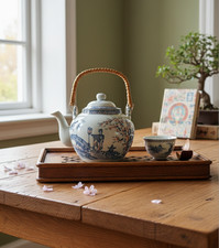 Japanese Porcelain Lithophane Print Teapot & Bamboo Handle