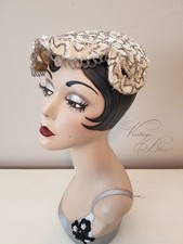 Vintage 1940's Cream Velvet Casque Hat with Intricate Sequin & Beaded Details