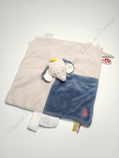 Doudou Plat/Mouchoir Wapi & Bao Eléphant Bleu Beige Plume Attache Tétine Noukies