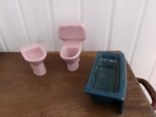 Pink Ceramic Bathroom WC BIDET & Cast Blue Bathtub DOLLHOUSE