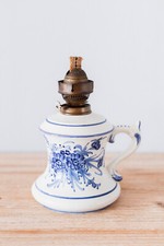 Pretty Vintage Ceramic Oil Lamp Blue Floral Decor and Wick