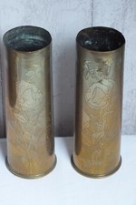 2 Antique SOCKETS SHELL ENGRAVED FLOWERS -- HAIRY TRENCH CRAFT WORK