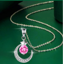Collier Pendentif Zircon Rose Lune et Etoile avec Chaine - Bijoux des Lys