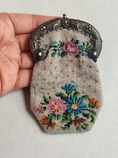 Late 18th Early 19th - Small Embroidered Pearl Coin Bag Solid Silver Clasp