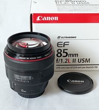 Canon EF 85mm f/1.2 L II USM lens, case, caps, hood, MINT and BOXED