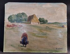 Painting oil on cardboard rural landscape early 20th century