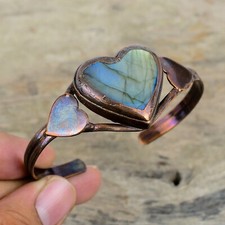 Gift For Women Jewelry Electroformed Heart Adjustable Bangle Copper Labradorite