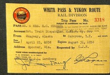 White Pass & Yukon Route Rail Division - Railroad Trip Pass - 1958
