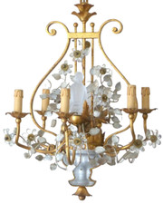 Excpt. MAISON BAGUES French Mid-Century Gilt Iron Floral Lyre Chandelier Chinese