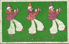 Three Clowns Playing Horns, It Looks Foolish In Print Vintage Postcard M04