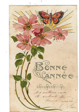 Old postcard embossed Happy New Year flowers gold art nouveau butterfly