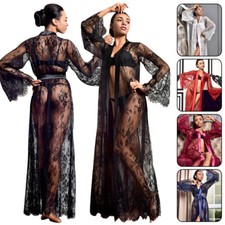 Sexy Lingerie Women Long Lace Kimono Robe Dress Sheer Gown See-Through Sleepwear