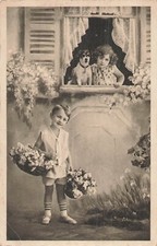 CP LITTLE GIRL WITH WINDOW DOG BOY BASKET FLOWERS - 53941