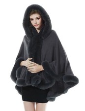Poncho Fourrure Châle Étole Cape à Capuche Tricoté Manteau avec Col de Fourru...