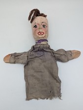 Antique Guignol puppet, wooden head and hand, fabric body folk art