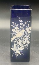 Cobalt Blue Glass Vase With Painted Bird & Flowers