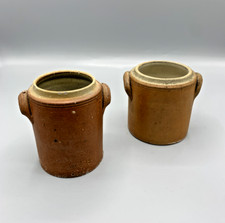 Lot 2 Vintage Small Sandstone Grease Jars Handles Decor Rustic Country Cottage