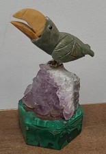 Vintage Bird Amethyst Malachite Trinket Box Parot Toucan Crystal