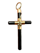 Antique Victorian 14kt & 10kt Yellow Gold Black Onyx Cross Mourning Pendant READ
