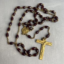 Antique Red Garnet Cross Gold Metal Faceted Beads Rosary Necklace ~44.5cm