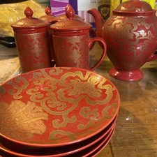 Pottery Barn Chinoise Red & Gold Tea Set SERVICE FOR 4, plates Teapot Cups
