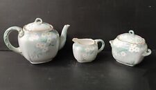 TEAPOT + SUGAR BOWL + MILK JUG DECOR CHERRY BLOSSOM FAIENCE KG LUNEVILE 1900