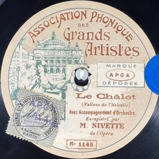 M. Nivette & Orchestre : Le châlet RARE DISQUE 78 TOURS RPM APGA 1145/1146