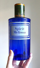 Pot à pharmacie verre bleu XIXe étiquette vitrifiée Spirit Melissae Legras