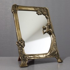 Brass Floor Mirror Floral Decor Art Nouveau Style 1970s