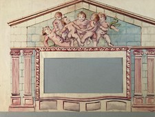 Très Belle Peinture enfant fronton Gouache Papier 1936 putti ange architecture