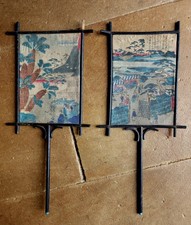  Pair D Japanese Hand Screen 19th Century Napoleon III On Fabric Print Japan