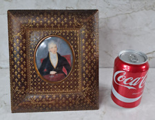 pretty miniature painting portrait aristocrat frame leather fleur de lys 19th century